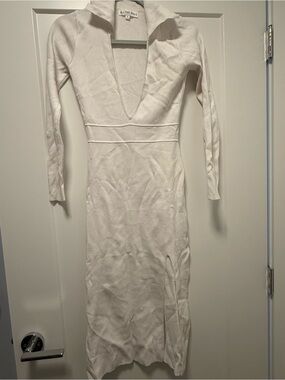 White Long-Sleeve Midi Dress with Deep V
